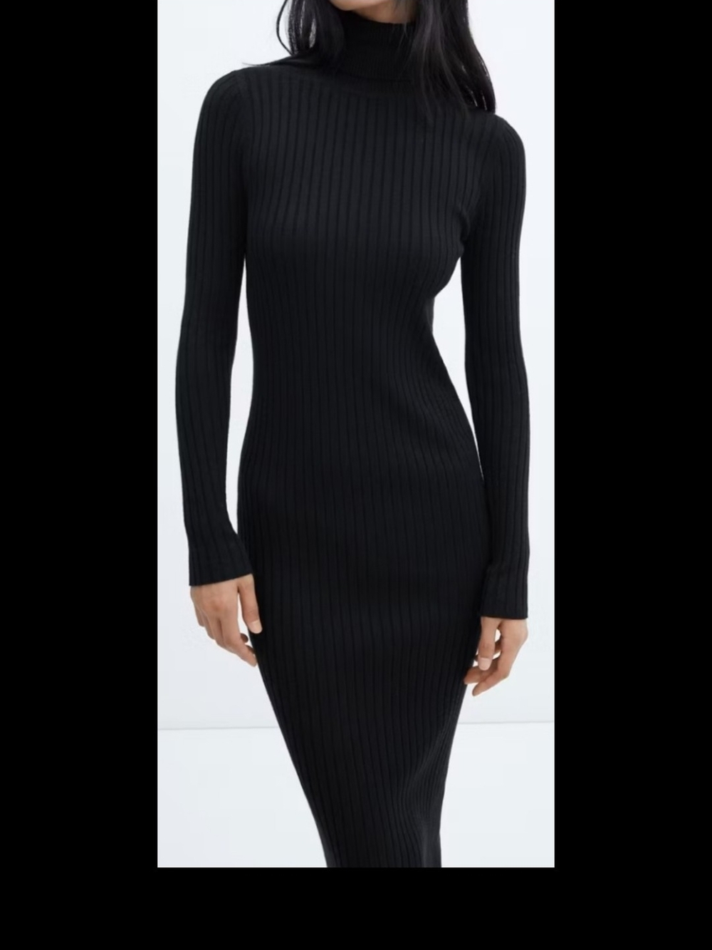 Mango Black Ribbed Turtleneck Midi Dress